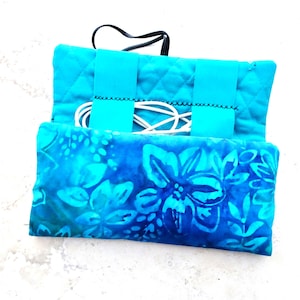 Cell Cord Organizer, Travel Gift, Cord Case, Turquoise Blue Batik Fabric Case, Earbud Case, Travel Gift, Cord Organizer, Cord Keeper