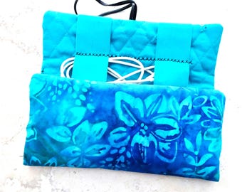 Cell Cord Organizer, Travel Gift, Cord Case, Turquoise Blue Batik Fabric Case, Earbud Case, Travel Gift, Cord Organizer, Cord Keeper