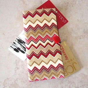 Cartera para tarjetas de crédito, organizador de tarjetas de visita, organizador de tarjetas de visita de tela con rayas de chevron en color tostado y rojo, billetera para tarjetas de visita