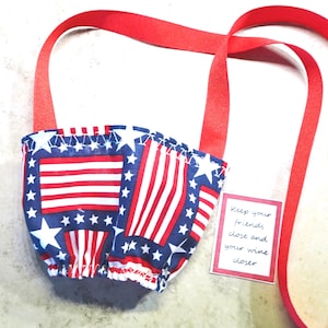 Wine Glass Holder Necklace - Stars and Stripes Fabric - Wine Drinkers Gift - Hands Free Wine Cozy - USA Patriotic - Americana