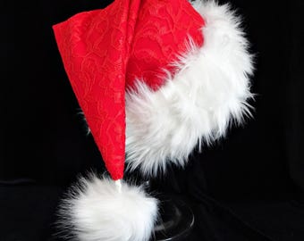 Red Lace Santa Hat, Fluffy White Faux Fur Trim, Adult Size Costume, NEW!