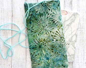 Aqua Batik Fabric Cell Phone Pouch: Minimal Crossbody Purse