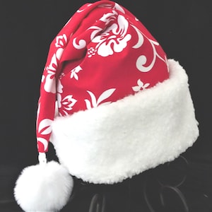 Red Hawaiian Santa Hat: Hibiscus Print, Faux Sherpa Brim