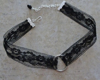 Black Lace Silver Ring Choker Necklace, Gothic, Steam Punk Halloween, Black Choker, Costume Necklace Black Lace, Hipster, Prom Choker