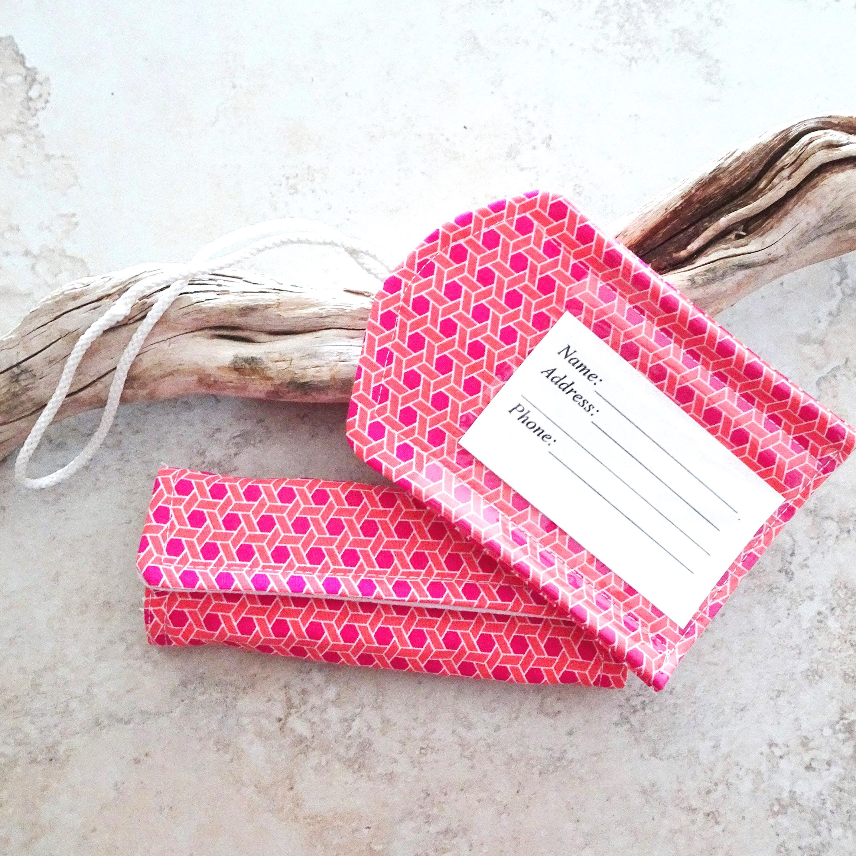 Luggage ID Tag, Luggage Handle Wrap, Travel Gift Set, Pink & Orange Geometric Fabric ID Tags, Vacation Gift, Bridal Gift, Travel ID Tags