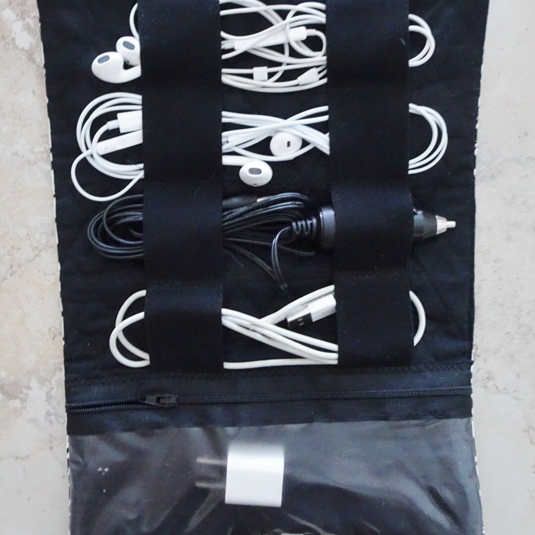 Charger Cord Travel Case, Cord Organizer, Black Paisley Fabric Cord