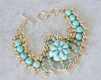 Turquoise Magnesite Bead  Bracelet, Statement Bracelet, Gold Chain Beaded Bracelet, Boho, Beach, Gold Bracelet, Beaded Bracelet