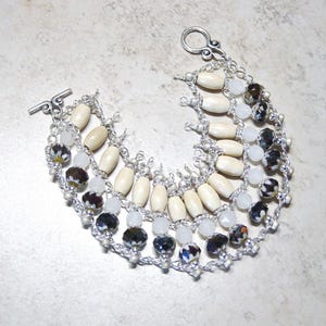 White Crystal Bead Chain Ladder Bracelet, Beaded Silver Chain Bracelet, Wood Bead Bracelet, Boho, Silver Bracelet, Glass Bead Bracelet