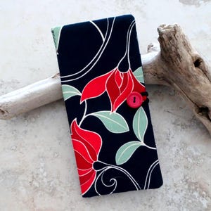Cartera para tarjetas de crédito - Estuche organizador para tarjetas de presentación - Organizador de archivos para diario - Cartera para tarjetas de tela con estampado floral azul marino y rojo