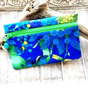 Blue Floral Dragonfly Zippered Pouch - Fabric Small Clutch Purse - Coin Case - Small Purse - Tropical Fabric Zippered Handbag