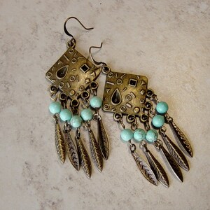 Antique Brass Chandelier Earrings - Turquoise Bead Earrings, - Rustic - Boho - Hippie - Dangle Brass Feather Charm Earrings