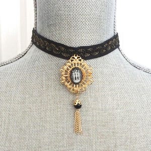 Black Ribbon Choker Necklace: Gold Filigree Three Lady Cameo, Victorian Style