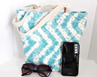 Aqua Blue Striped Canvas Tote Bag: Shoulder Strapped or Hand Carry Purse