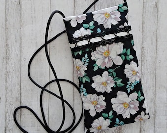 White Rose Floral Fabric Cell Phone Pouch, Strapped Minimal Purse, Eyeglass Purse, Cross Body Pouch, Carry Essentials