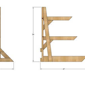 May include: A wooden shelf unit with three shelves and a triangular base. The shelf unit is 54 inches tall, 47 inches wide, and 30 inches deep.