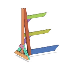 May include: A wooden stand with three shelves, painted in different colors: green, yellow, and blue. The stand is made of wood and has a triangular base.