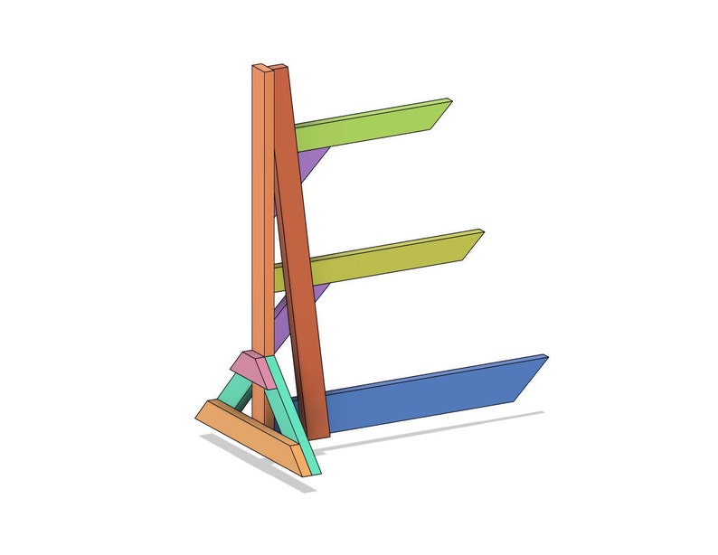 May include: A wooden stand with three shelves, painted in different colors: green, yellow, and blue. The stand is made of wood and has a triangular base.