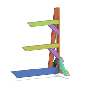 May include: A wooden stand with three shelves, painted in various colors, including orange, green, blue, and purple. The stand is designed to hold items like surfboards or other long objects.