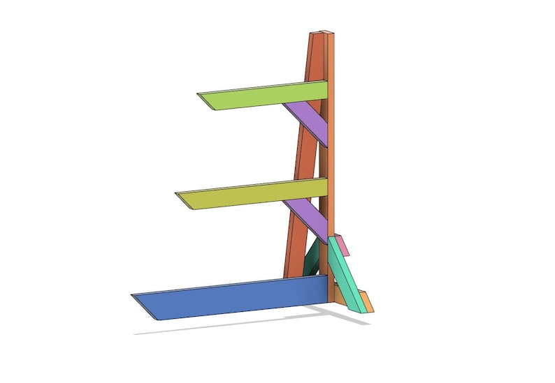 May include: A wooden stand with three shelves, painted in various colors, including orange, green, blue, and purple. The stand is designed to hold items like surfboards or other long objects.