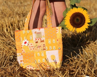 Handmade Yellow Patchwork Quilted Bag with Repurposed fabric lining - size medium/regular