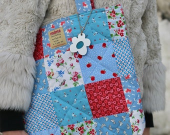Handmade pink and blue Patchwork Quilted Bag with Repurposed fabric lining - size medium/regular
