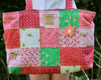 Handmade Pink Patchwork Quilted Bag with Repurposed fabric lining - size large