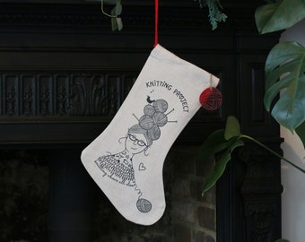 Illustrated Knitting Project Bag Stocking with ball of yarn hang tag- yarn bag - knitting bag- christmas stocking