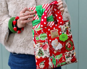 Handmade Christmas Patchwork Quilted Bag with Repurposed fabric lining - size mini