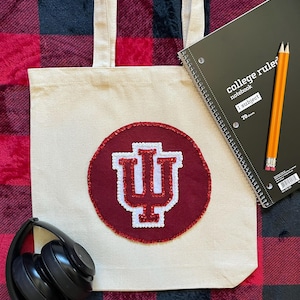 Indiana University Tote Bag – Handmade IU Canvas Bag with Sequin Logo | Gift for IU Student, Graduate, Alumni, or Fan