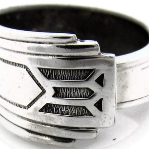 Silver Art Deco Spoon Ring Friendship Pattern Men's