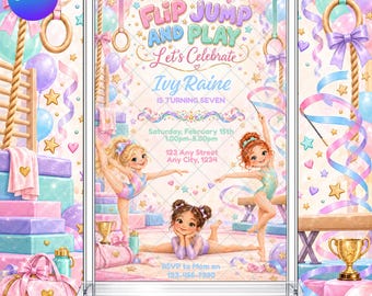 Gymnastics Birthday Invitation: Invite Flip Jump Tumble Gymnast EDITABLE Printable Canva Template Instant Download Digital Template