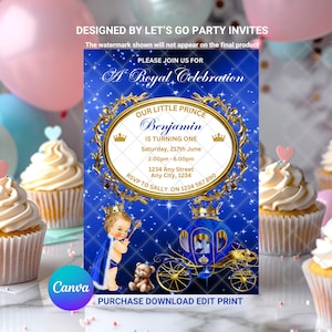 Prince Birthday Invitation Baby Prince Royal Crown Boys Birthday Invite EDITABLE Printable Canva Template Instant Download Digital Template