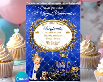 Prince Birthday Invitation: Baby Prince Royal Crown Boys Birthday Invite EDITABLE Printable Canva Template Instant Download Digital Template