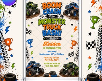 Monster Truck Birthday Invitation: Multi Color Boom Crash Bash Party EDITABLE Printable Canva Template Instant Download Digital Template