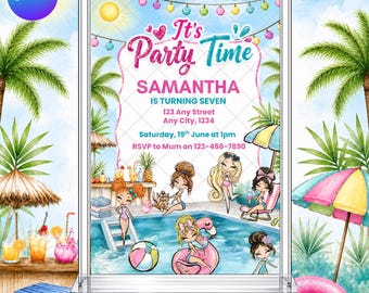 Pool Party Invitation: Beach Summer Swim Rainbow Diva EDITABLE Printable Canva Template Instant Download Digital Template