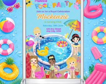 Princess Pool Party Invitation: Royal Celebration Fairytale Rainbow EDITABLE Printable Canva Template Instant Download Digital Template