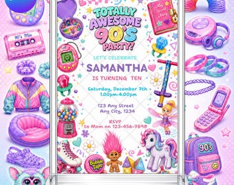 Nineties Y2K Birthday Invitation: Girl's Retro Party Invite EDITABLE Printable Canva Template Instant Download Digital Template