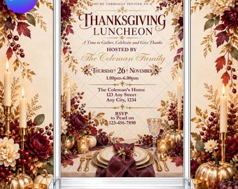 Thanksgiving Luncheon Invitation: Elegant Burgundy Gold Fall Dinner EDITABLE Printable Canva Template Instant Download Digital Template