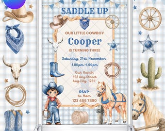 Puede incluir: Una tarjeta de invitación de cumpleaños con fondo de cuadros azules y motivos del oeste que incluyen sombrero de vaquero, pañuelo, cráneo de toro, lazo, botas, cactus y un caballo. El texto dice SADDLE UP OUR LITTLE COWBOY Cooper IS TURNING THREE.