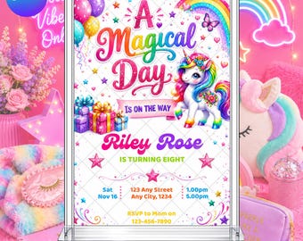 Unicorn Birthday Invitation: Rainbow Magical Birthday Invite EDITABLE Printable Canva Template Instant Download Digital Template