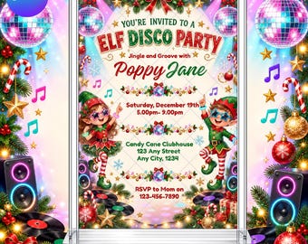 Elf Christmas Disco Party Invitation: Kids Holiday Christmas Holidays EDITABLE Printable Canva Template Instant Download Digital Template