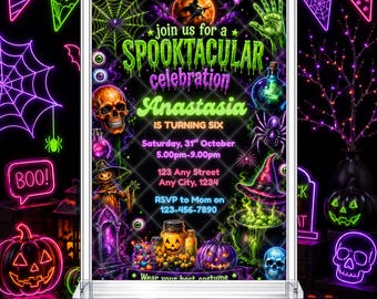 Halloween Glow Birthday Invitation: Spooky Kids Neon Trick or Treat EDITABLE Printable Canva Template Instant Download Digital Template