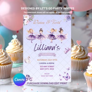 Ballerina Birthday Invitation Tutu Dance Ballet Girl Birthday Invite EDITABLE Printable Canva Template Instant Download Digital Template