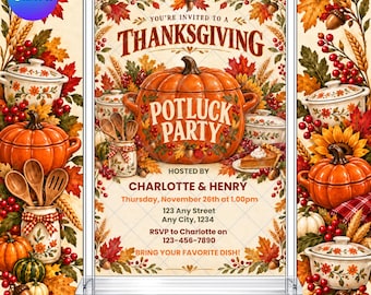 Thanksgiving Potluck Party Invitation: Friendsgiving Autumn Gathering EDITABLE Printable Canva Template Instant Download Digital Template