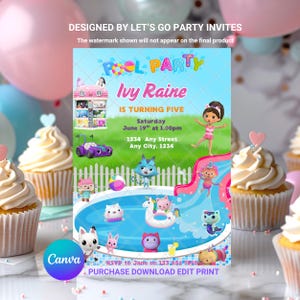 Invitación de cumpleaños para fiesta en la piscina de la casa de muñecas: Plantilla editable e imprimible de Canva, descarga digital instantánea.