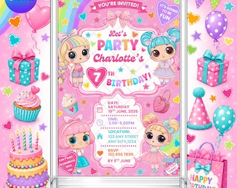 Doll Birthday Invitation: Rainbow EDITABLE Printable Canva Template Instant Download