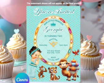Jasmine verjaardagsuitnodiging: babymeisje prinses sprookjesachtige Genie Aladdin BEWERKBARE afdrukbare canvassjabloon Instant Download digitale sjabloon