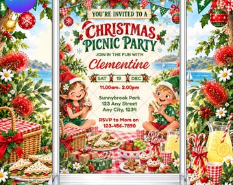 Elf Christmas Picnic Party Invitation: Kids Holiday Christmas Holidays EDITABLE Printable Canva Template Instant Download Digital Template