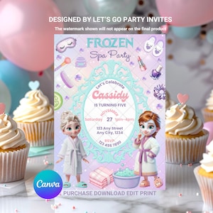 Könnte beinhalten: Eine Einladung zur Frozen Spa Party mit Elsa und Anna in Bademänteln. Die Einladung enthält den Text "Frozen Spa Party", den Namen "Cassidy" und Party-Details. Das Design ist pastellfarben mit Spa-Themen-Grafiken.