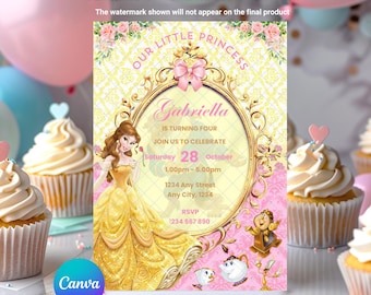Invitación de cumpleaños de Bella: Bella y Bestia Rosa Princesa Real Cuento de Hadas Plantilla de Canva EDITABLE Imprimible Descarga Instantánea Plantilla Digital